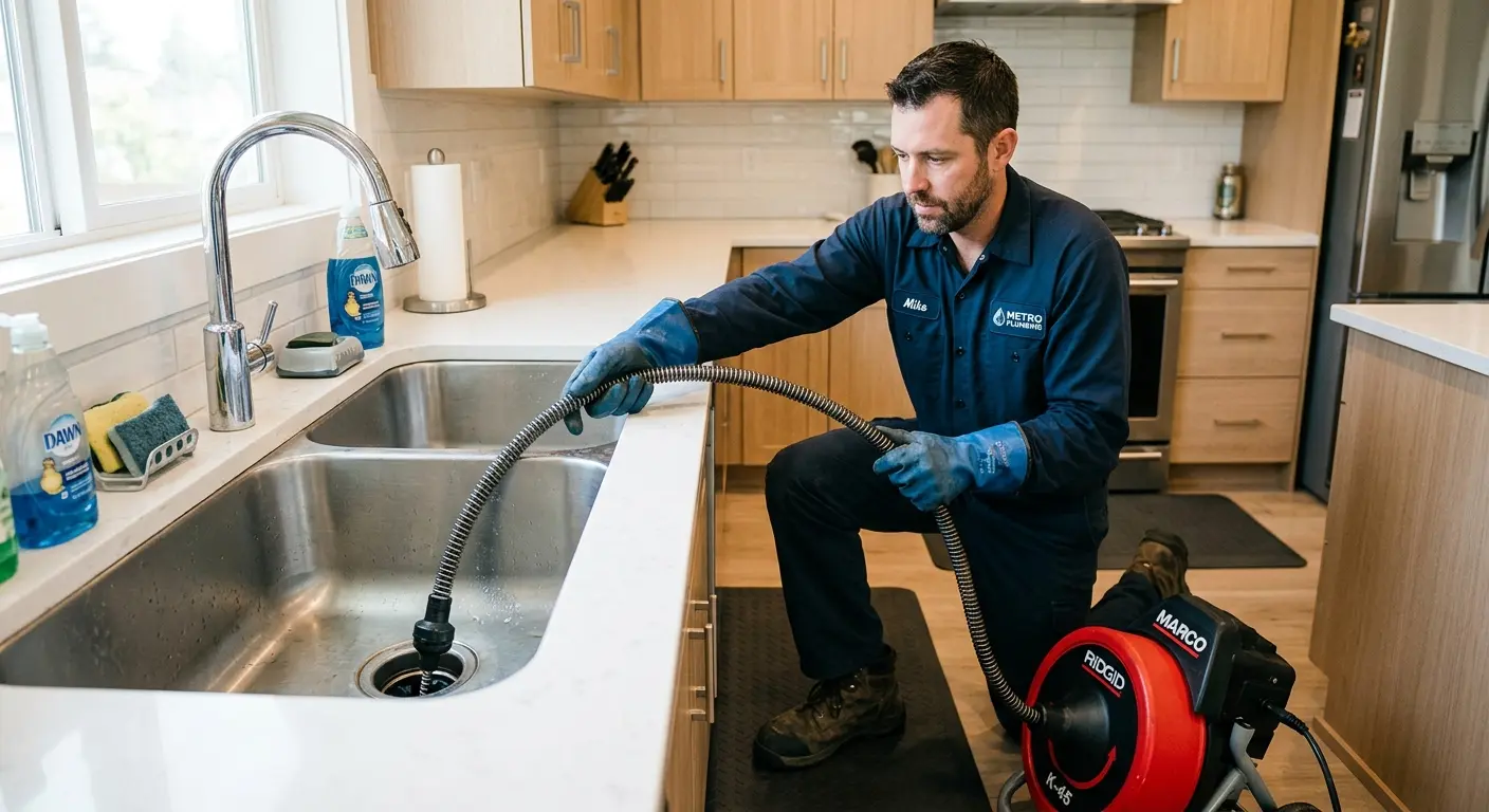 Drain cleaning technician using a motorized snake on a kitchen sink in Weisenberg