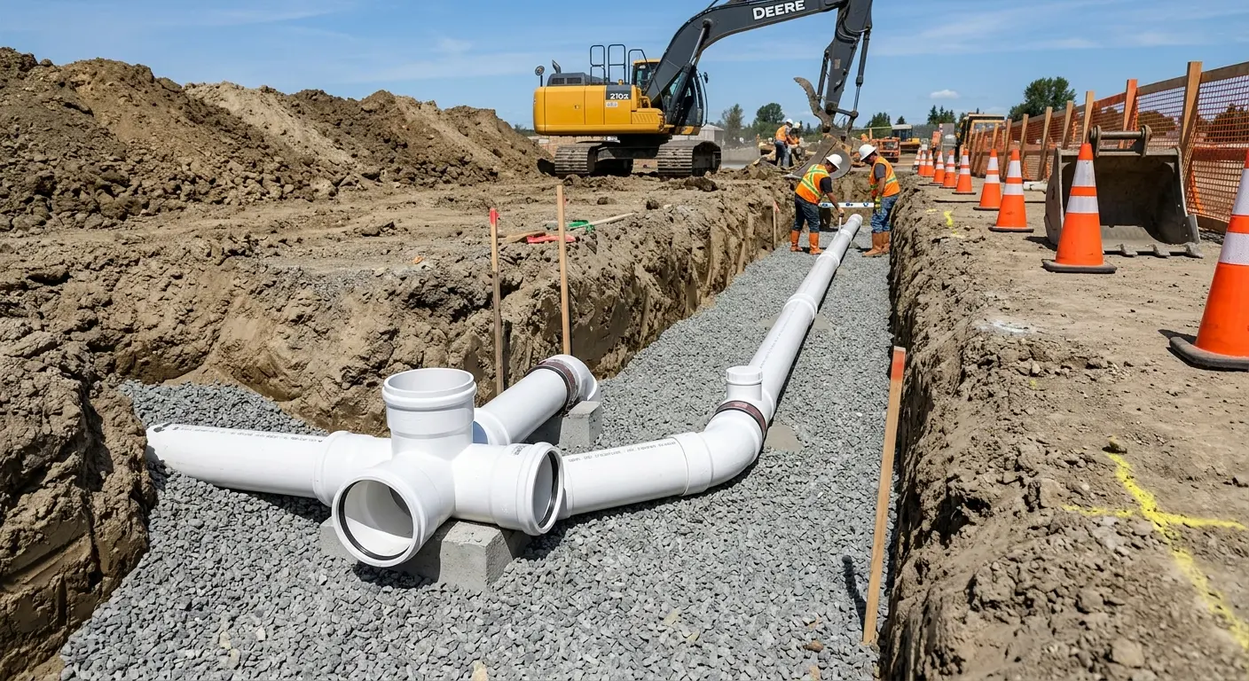 New PVC sewer pipe installation in open trench for Grease Trap Cleaning in Weisenberg