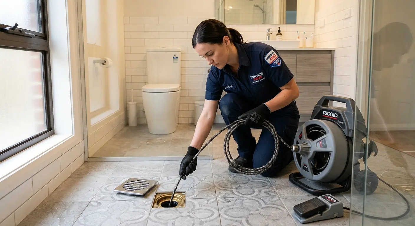 Technician clearing a bathroom floor drain for Sewer Line Installation in Weisenberg
